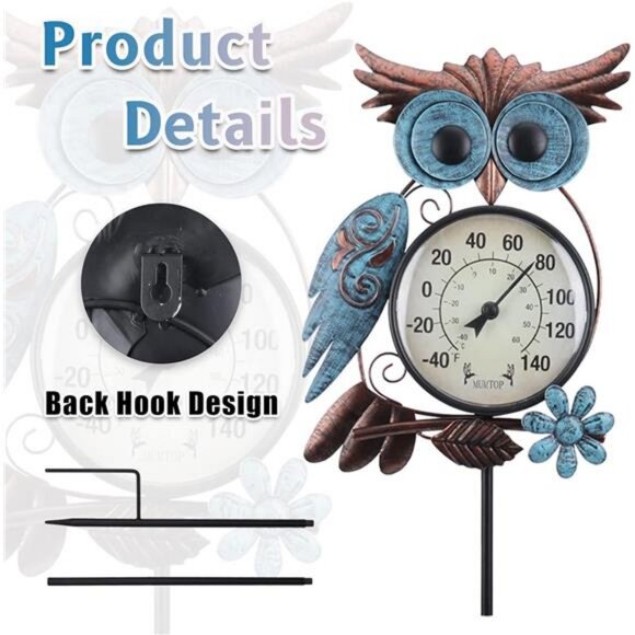42 Inch Metal Owl Garden Stake Outside Wall Thermometer for Patio, Yard and Gard - Picture 4 of 7